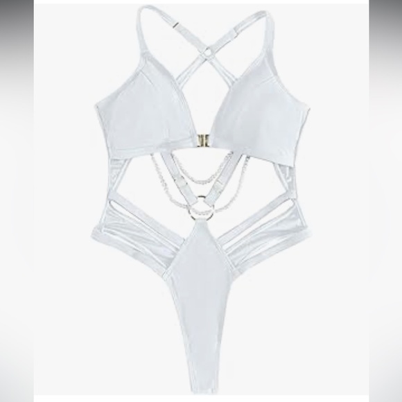 Other - White swimsuit bodysuit rave sexy strappy bondage chain pearl body harness ring